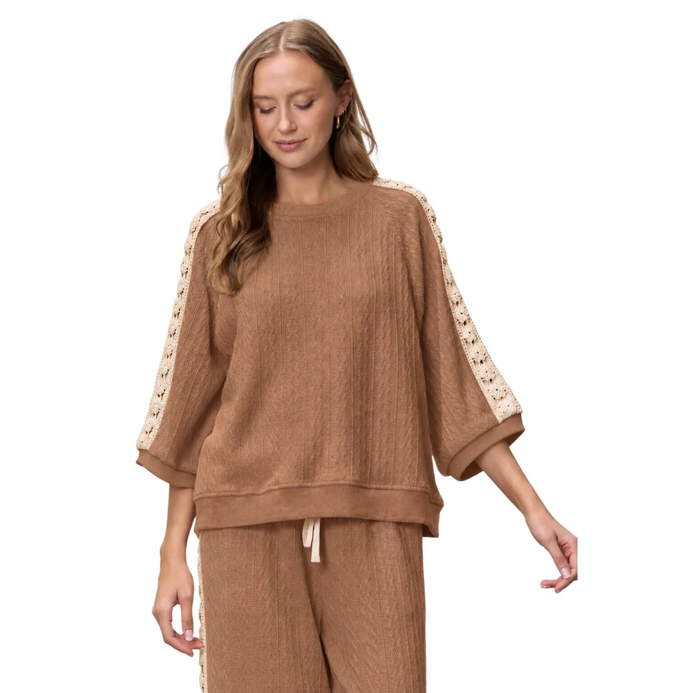 Polagram Camel Cable Knit Crochet Trim Wide Leg Pants and Top Set L BNWT